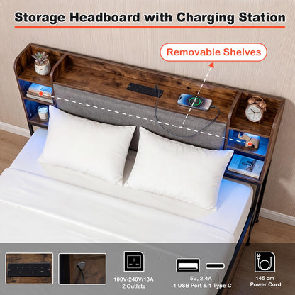 Double/King Size Bed Frame with LED Lights, Charging Station, Storage Headboard