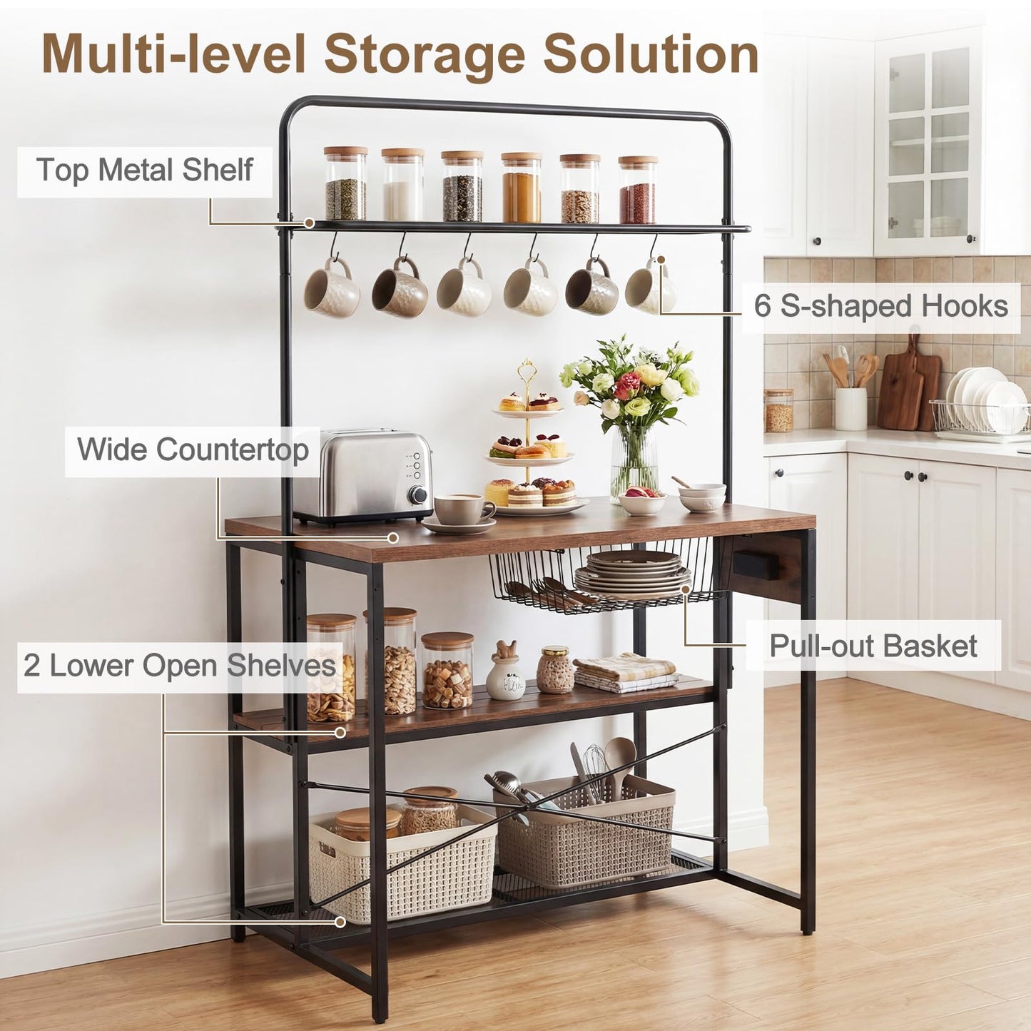 Kitchen Island with Power Outlet, Metal Coffee Bar Table with3 Open Shelves, 6 Hooks & Pull-out Basket, Industrial Bakers Rack Stationary Storage Island for Dining Room,