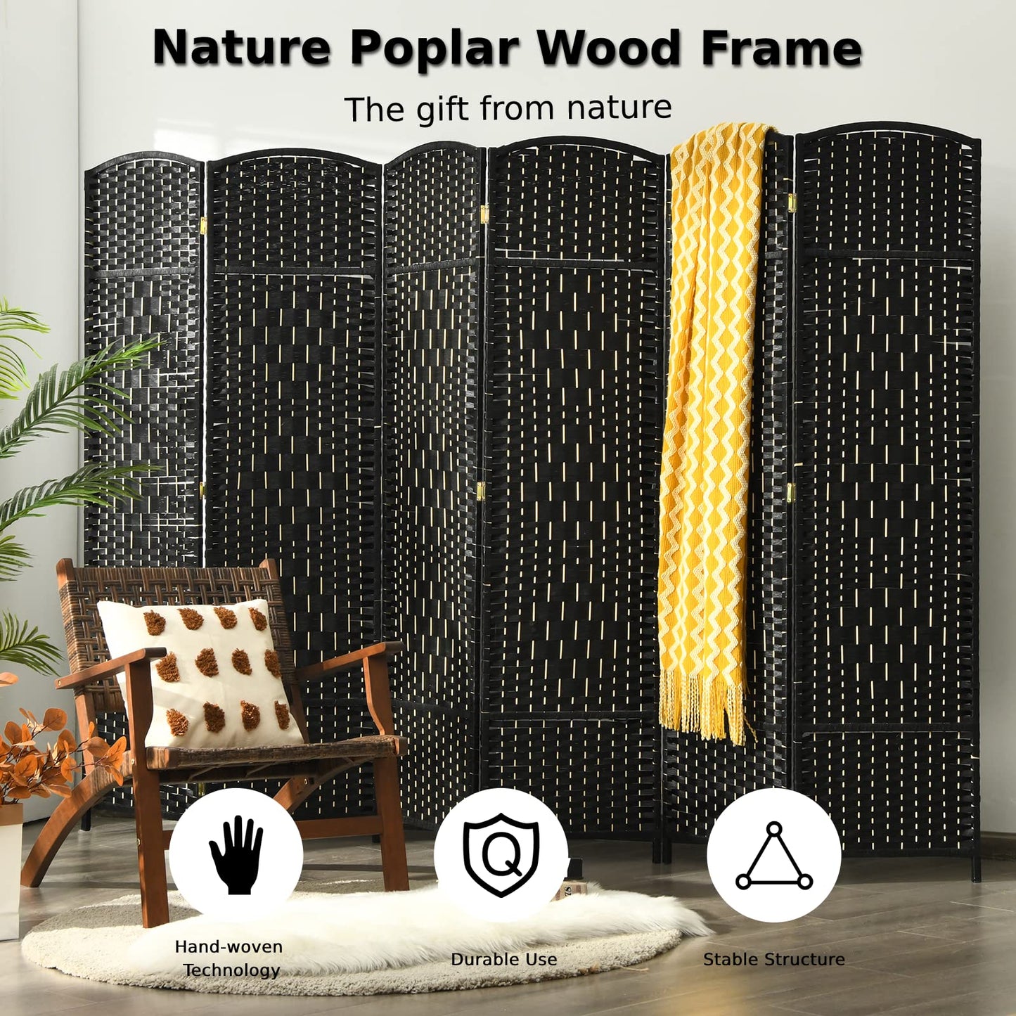 6 Panel Folding Room Divider with Hand-Woven Wicker for Home Office