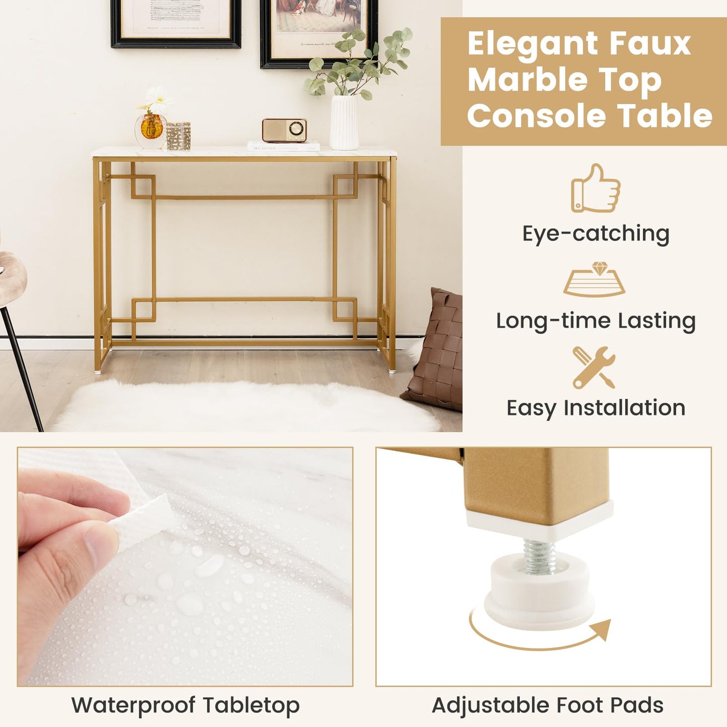 Metal Frame 110cm Long Narrow Accent Sofa Side Table for Hallway