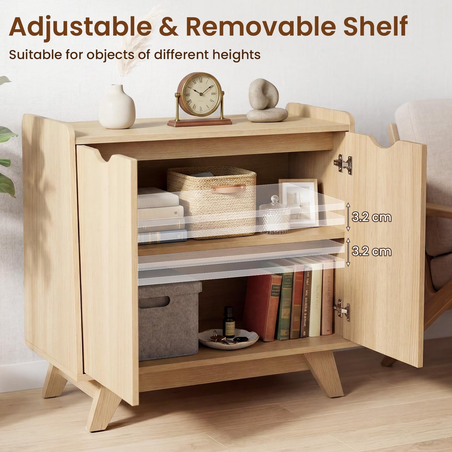 2 Door Storage Cabinet, Wooden Buffet Sideboard with 5-Level Adjustable Shelf