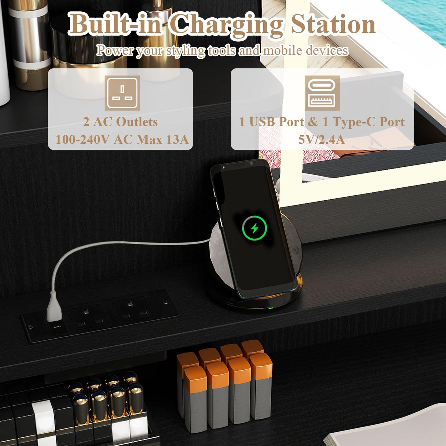 Dressing Table with LED Mirror and Cushioned Storage Stool