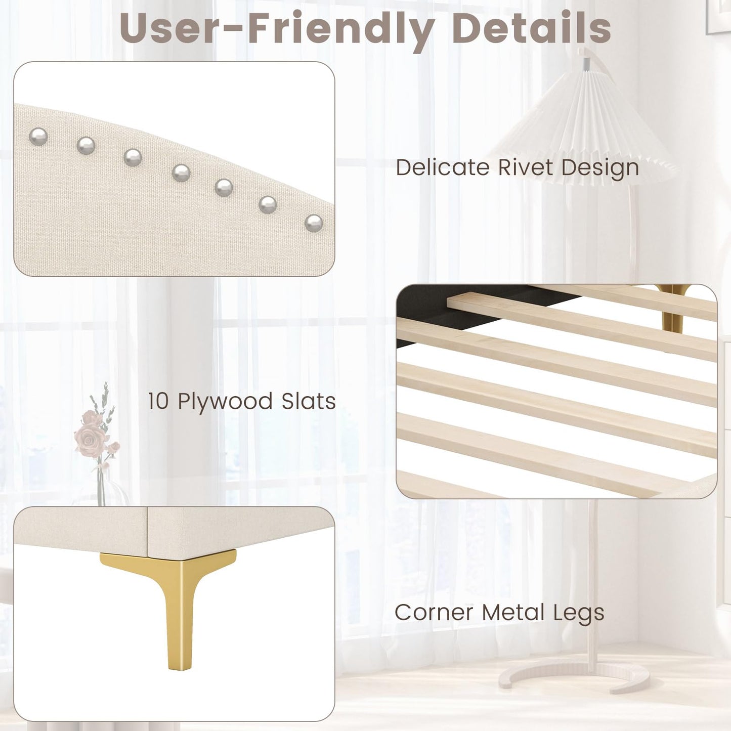 Single Size Upholstered Daybed Rivet-Tufted Platform Bed with Metal Legs