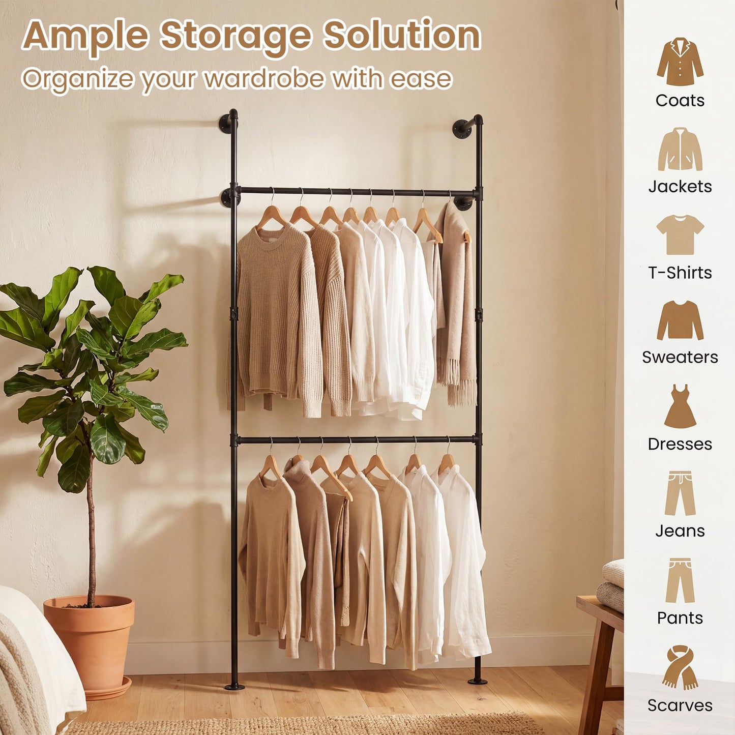 Telescopic Clothes Rail, 2-Tier Walk-in Closet System Open Wardrobe Organiser with 2/4 Hanging Rails