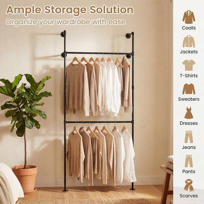 Telescopic Clothes Rail, 2-Tier Walk-in Closet System Open Wardrobe Organiser with 2/4 Hanging Rails