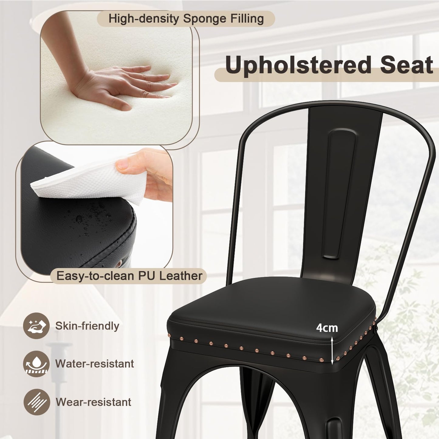 Metal Dining Chair Set of 4 with Removable Backs and PU Leather Cushioned Seat