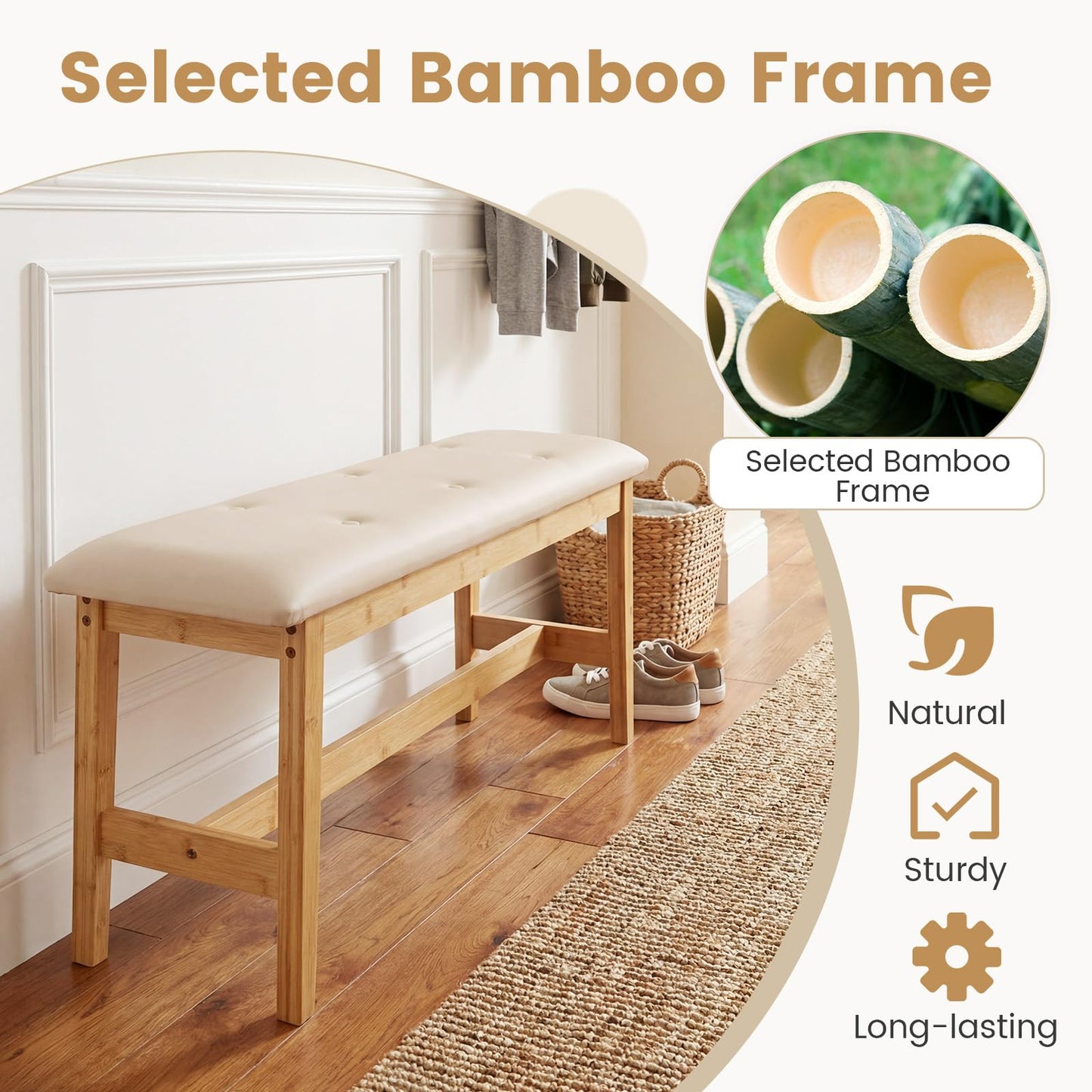 100cm Bamboo End of Bed Bench, Button-Tufted Upholstered Ottoman Shoe Bench