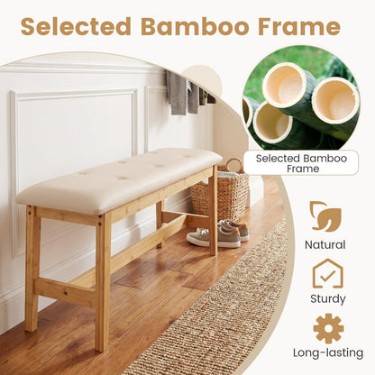 100cm Bamboo End of Bed Bench, Button-Tufted Upholstered Ottoman Shoe Bench