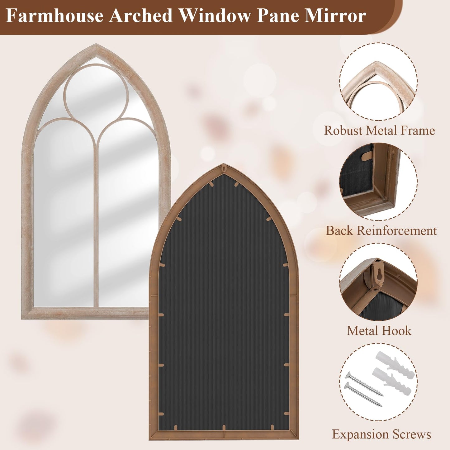Farmhouse Window Pane Mirror Large Arched Wall Mounted Mirror with Metal Frame