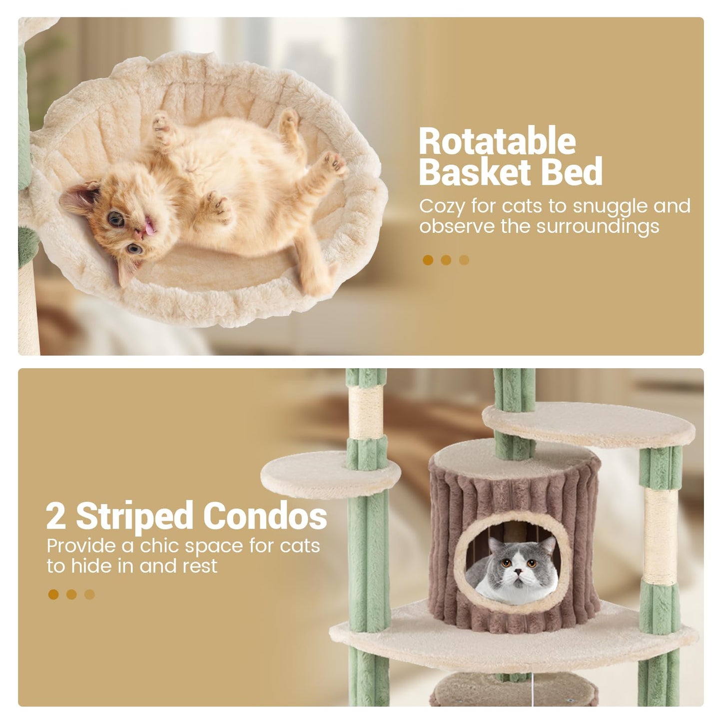 Cat Tree, 163cm Tall Modern Cats Tower with Plush Perch, 2 Condos, Basket Bed