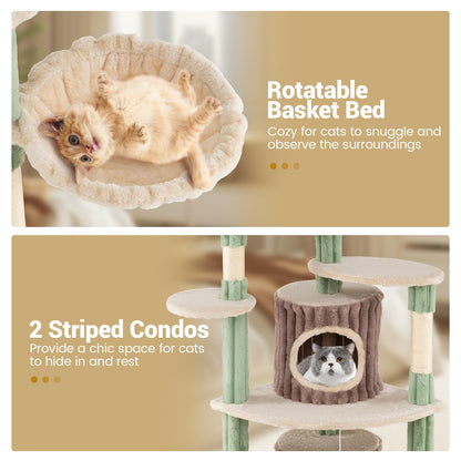 Cat Tree, 163cm Tall Modern Cats Tower with Plush Perch, 2 Condos, Basket Bed