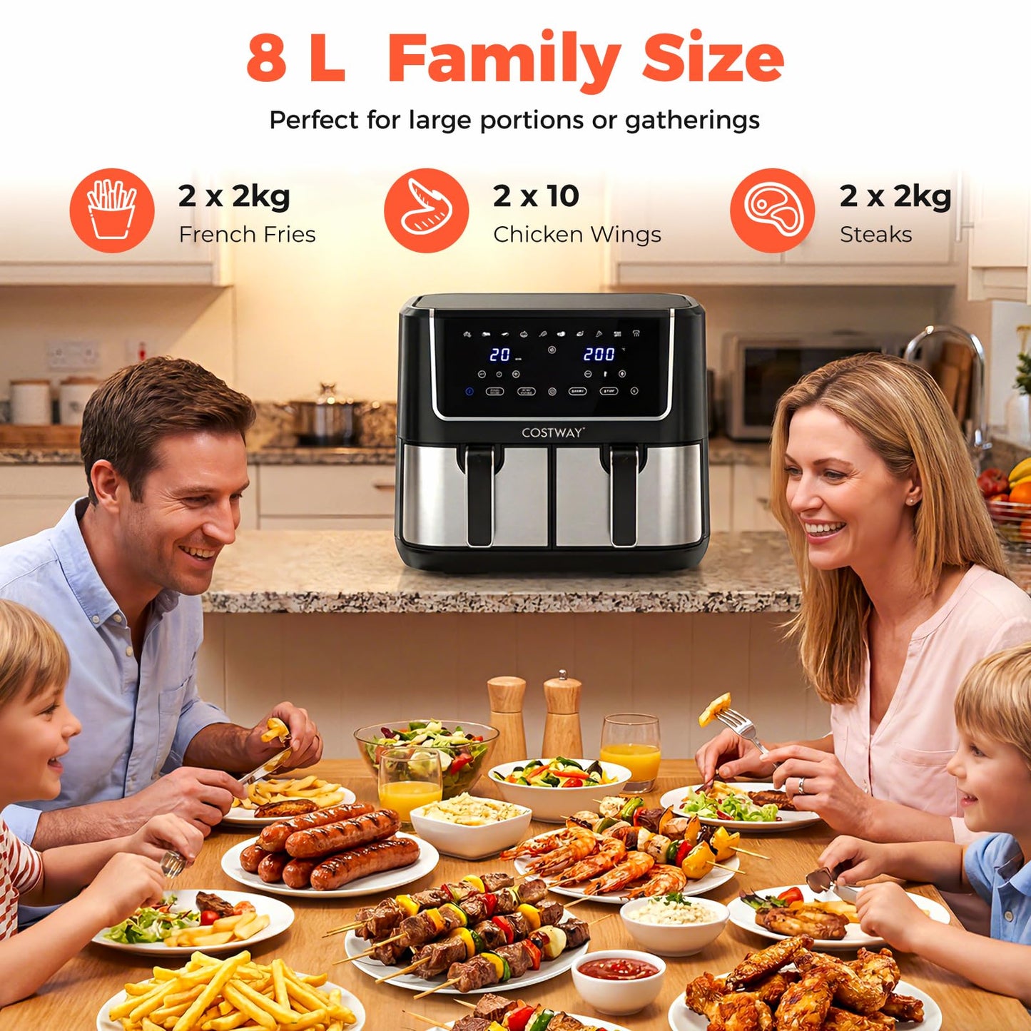 8L Dual Zone Air Fryer, 10-In-1 Presets Airfryer Oven with Sync Finish & Match Cook, LED Digital Touch Screen, 85% Less Fat, Nonstick Dishwasher Safe Baskets, Large Family Size,