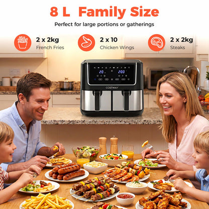 8L Dual Zone Air Fryer, 10-In-1 Presets Airfryer Oven with Sync Finish & Match Cook, LED Digital Touch Screen, 85% Less Fat, Nonstick Dishwasher Safe Baskets, Large Family Size,