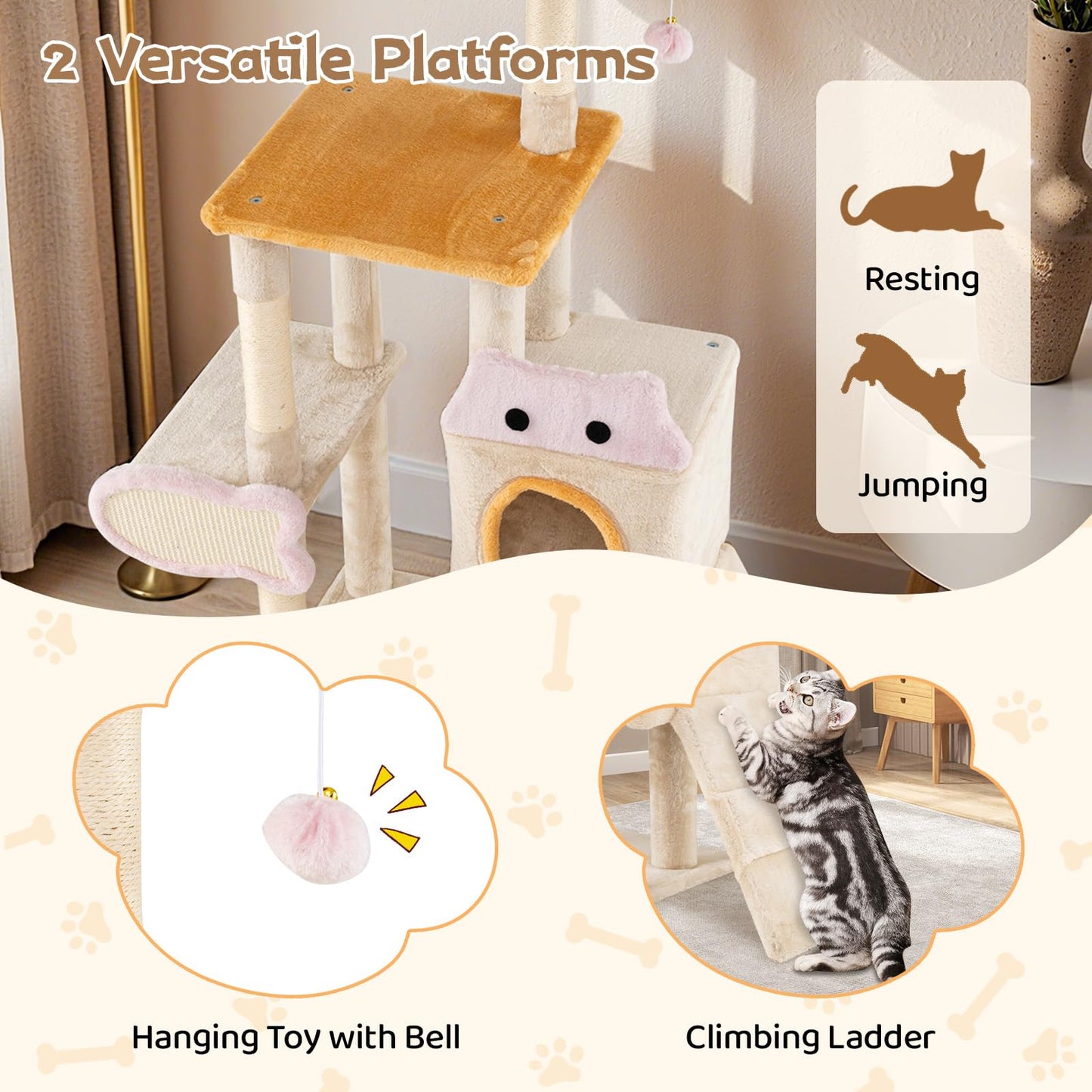 Cat Tree, 125cm Tall Modern Cats Tower with Plush Perch, Condo, Platforms