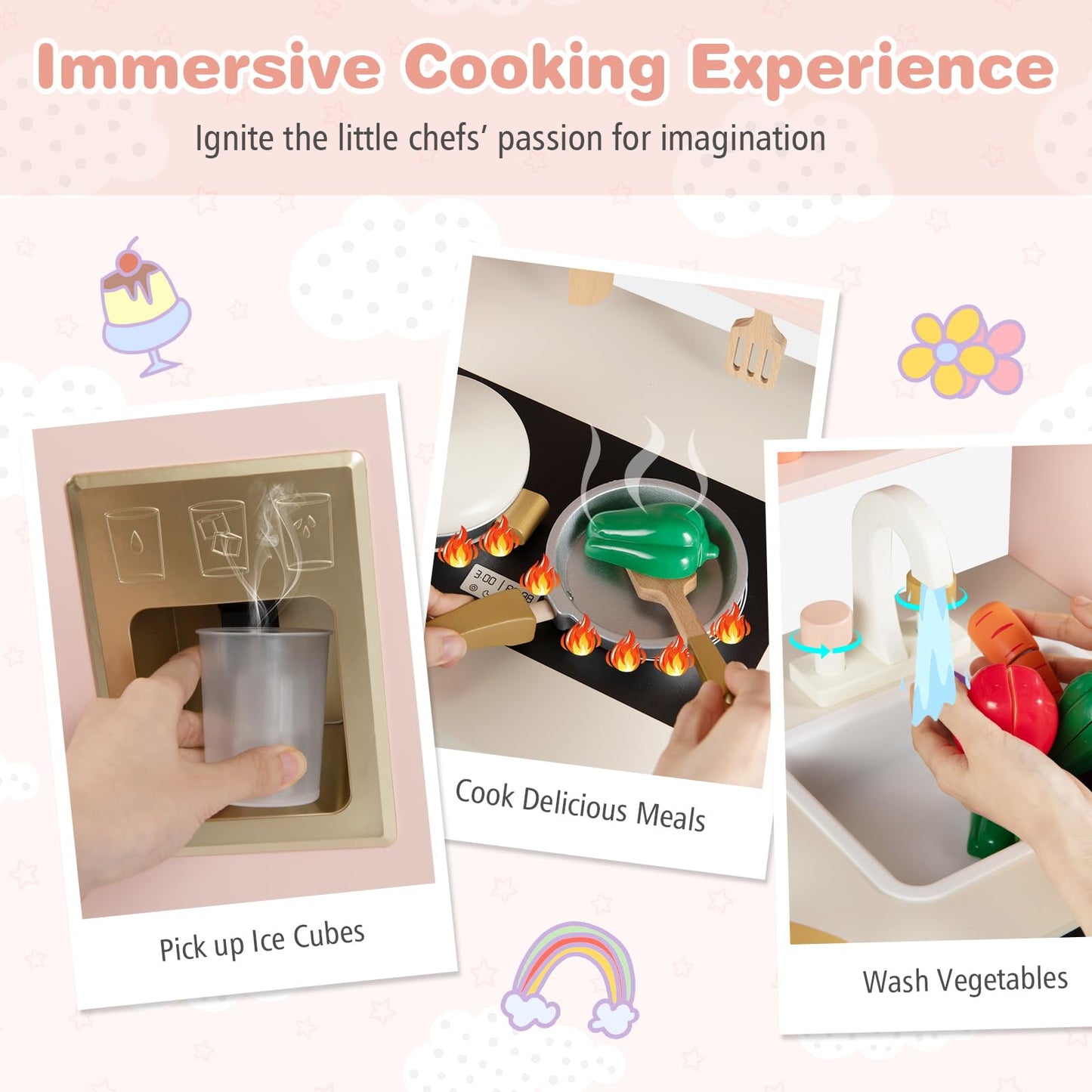 Wooden Toy Kitchen, Kids Pretend Play Kitchen with 17 Pcs Accessories