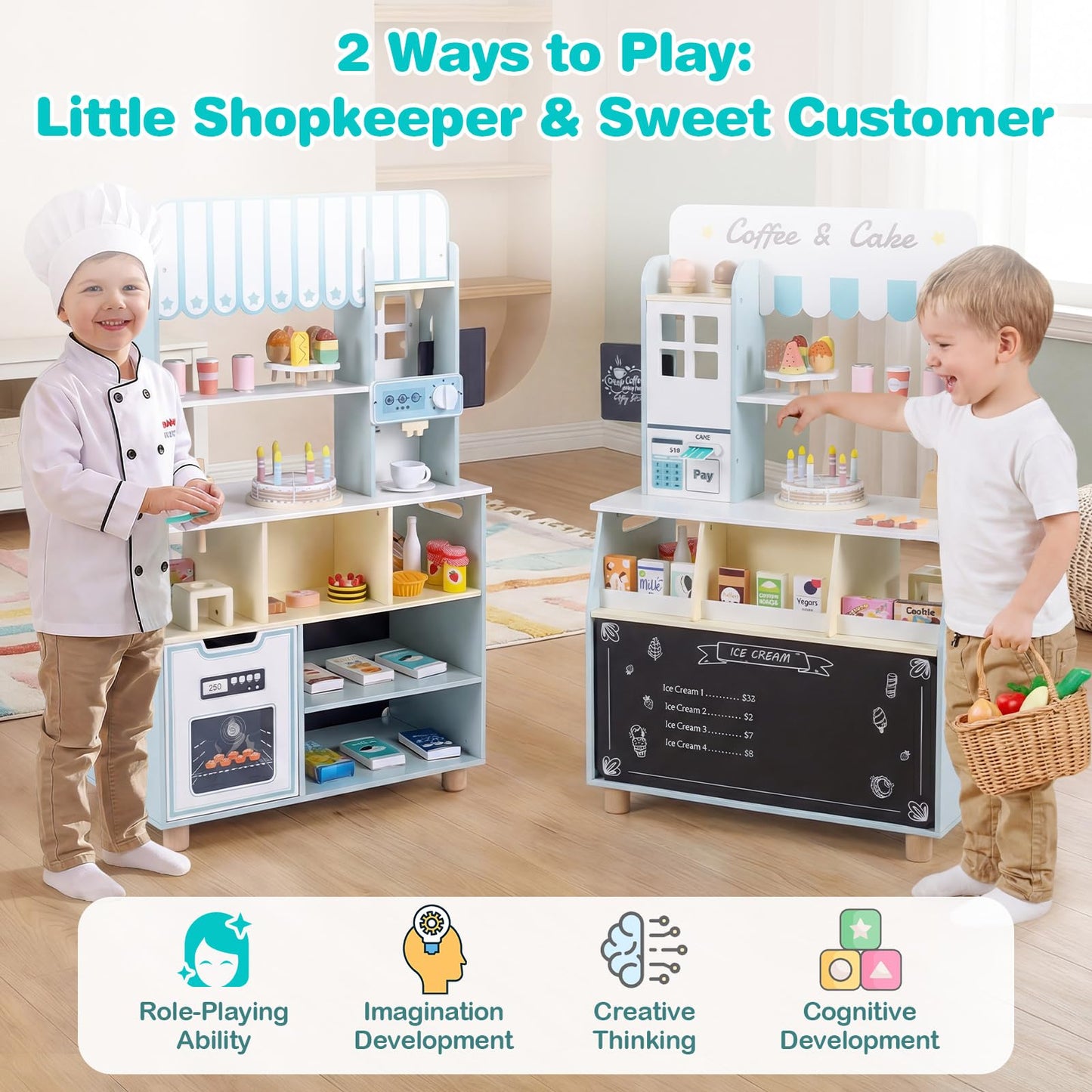 Kids Ice Cream Shop, Wooden Grocery Store Playset with 27 Accessories