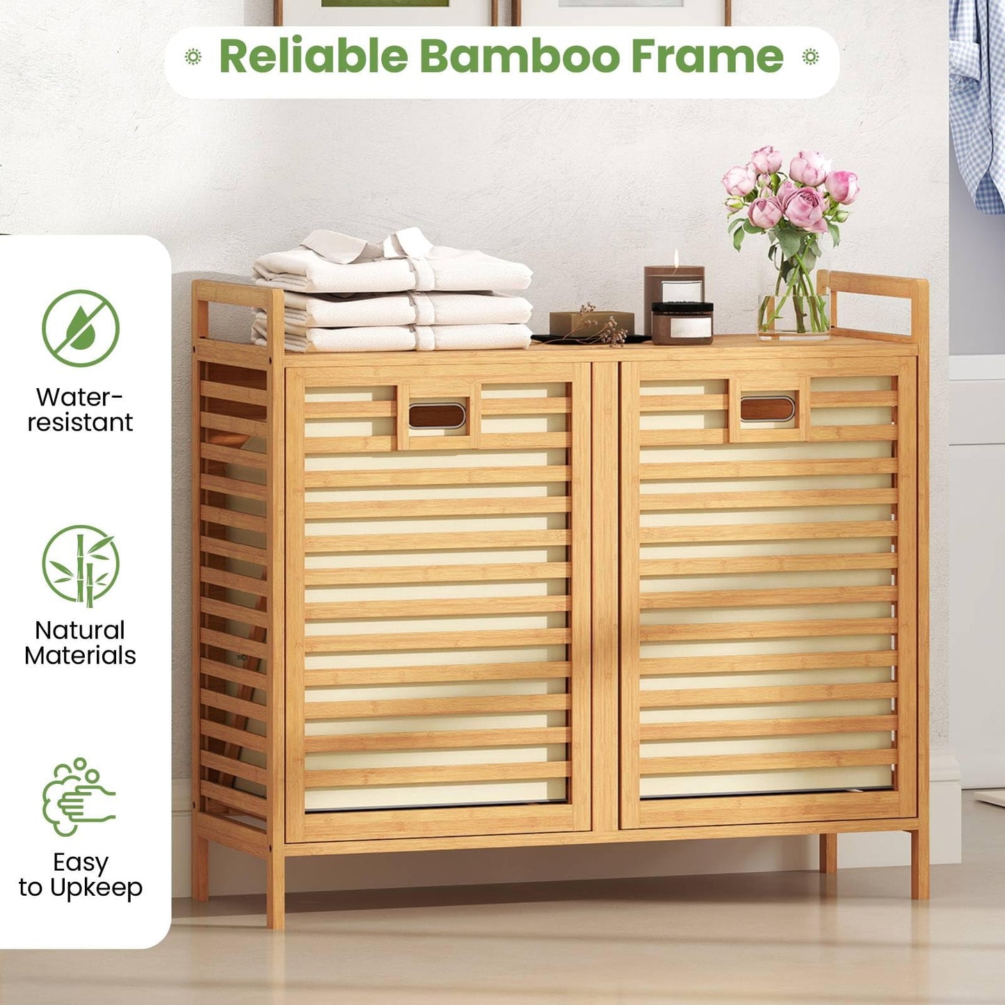 75L Double Tilt-out Laundry Hamper Bamboo with 2 Removable Bins