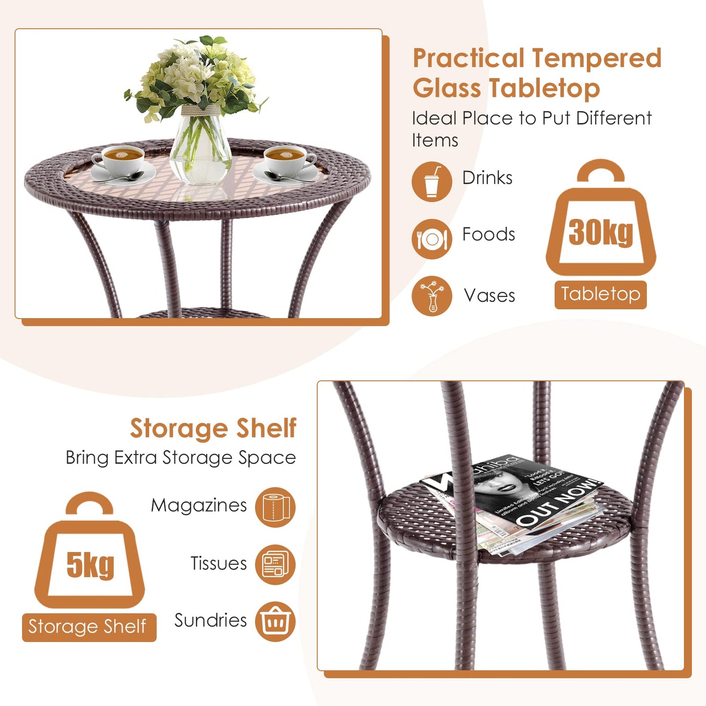 Patio Bistro Table with Tempered Glass Top and Storage Shelf