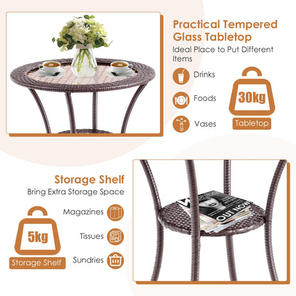 Patio Bistro Table with Tempered Glass Top and Storage Shelf