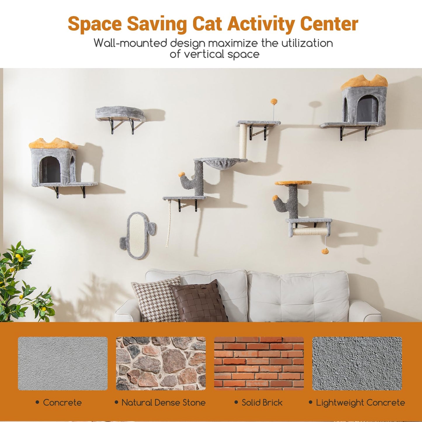 Wall-Mounted Cat Tower Set with 2-Tier Platform and 2 Comfy Cat Condos