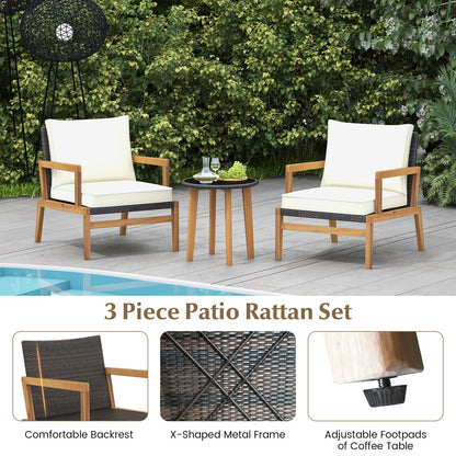 Wooden Patio Bistro Set with Soft Cushions and Tempered Glass Tabletop,