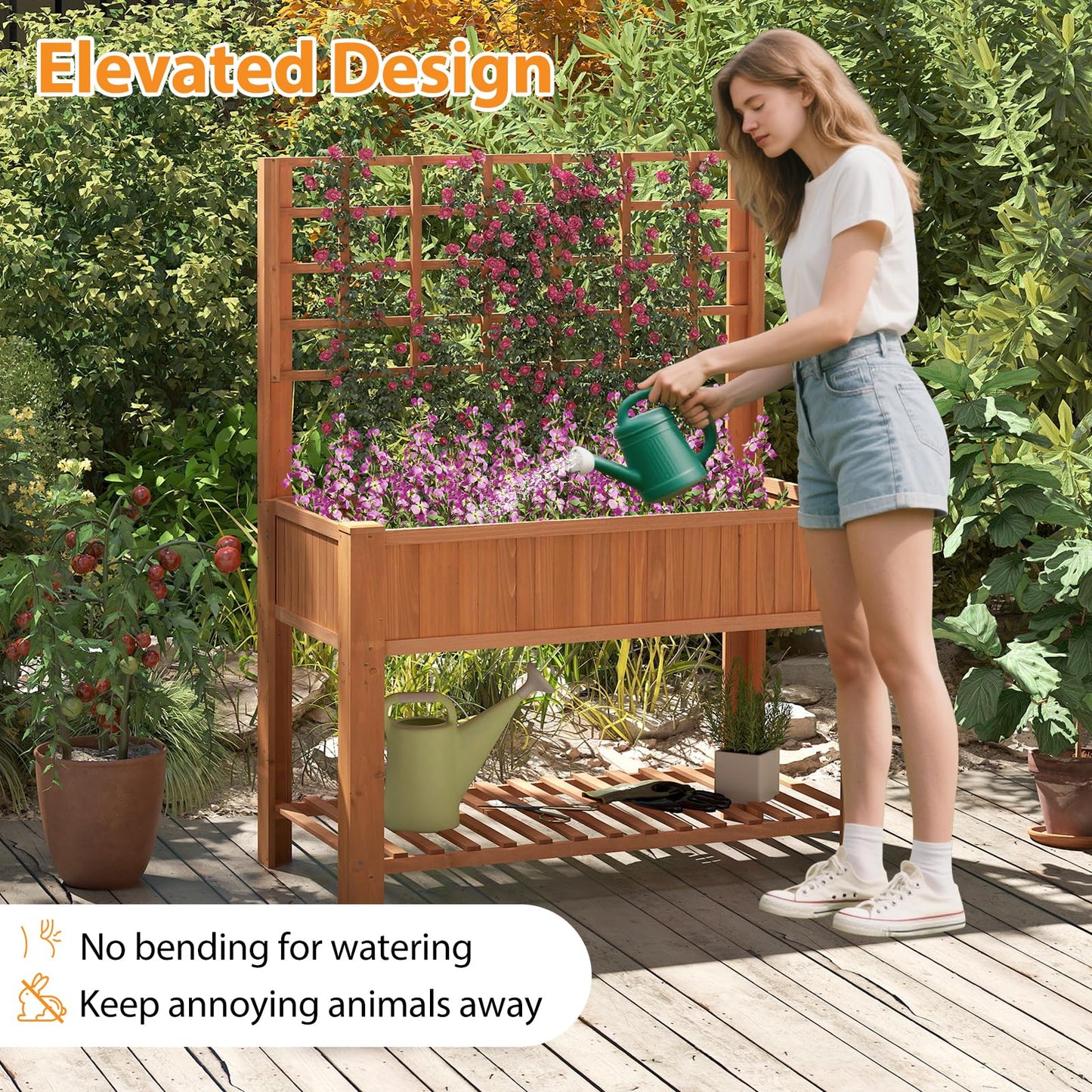2 Tier Raised Garden Bed with Trellis for Climbing Plants Vines Fruit