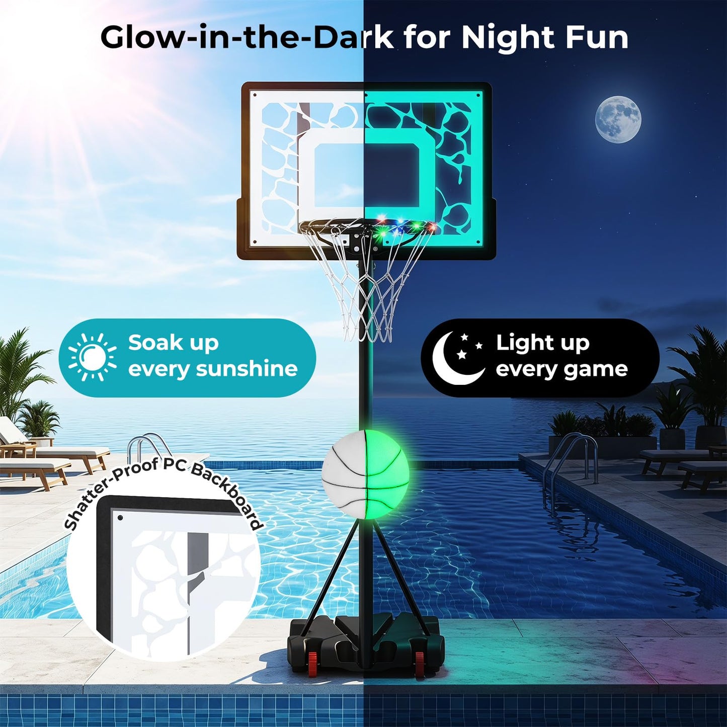 Pool Basketball Hoop with LED 8-Height Adjustable Swimming Pool Basketball