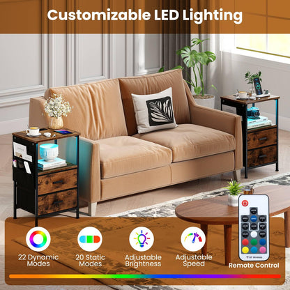 Set of 2 End Tables with Charging Station and 2 Folding Fabric Drawers