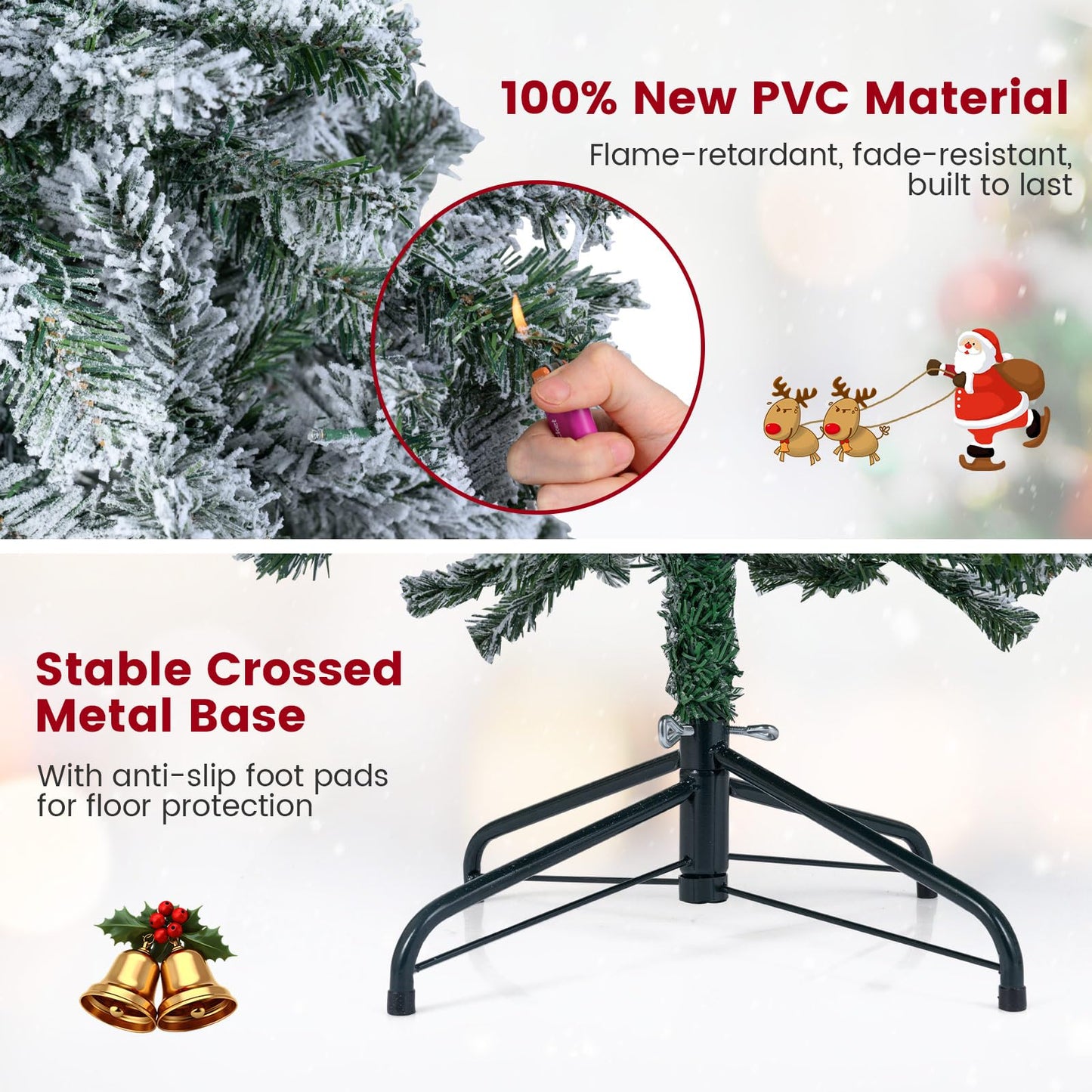 Pre-lit Snow Flocked Christmas Tree, Hinged Artificial Slim Pencil Xmas Tree with Lights