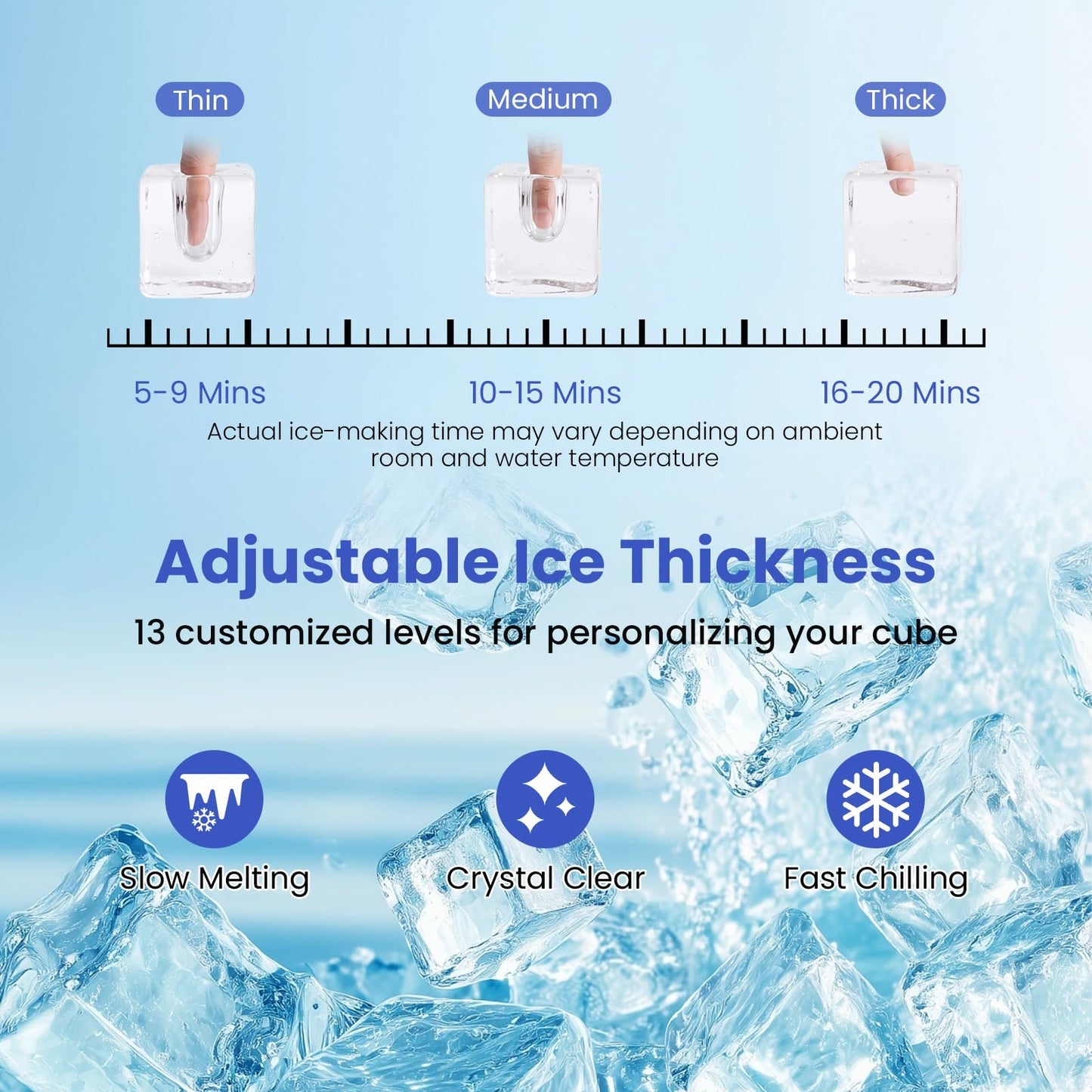 Ice Maker Countertop, 15kg/24H, 16Cubes/6 Mins, 13 Ice Thickness