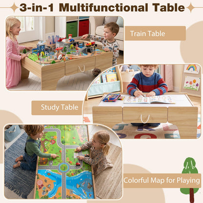 Wooden Train Track Set, 3-in-1 Kids Activity Table
