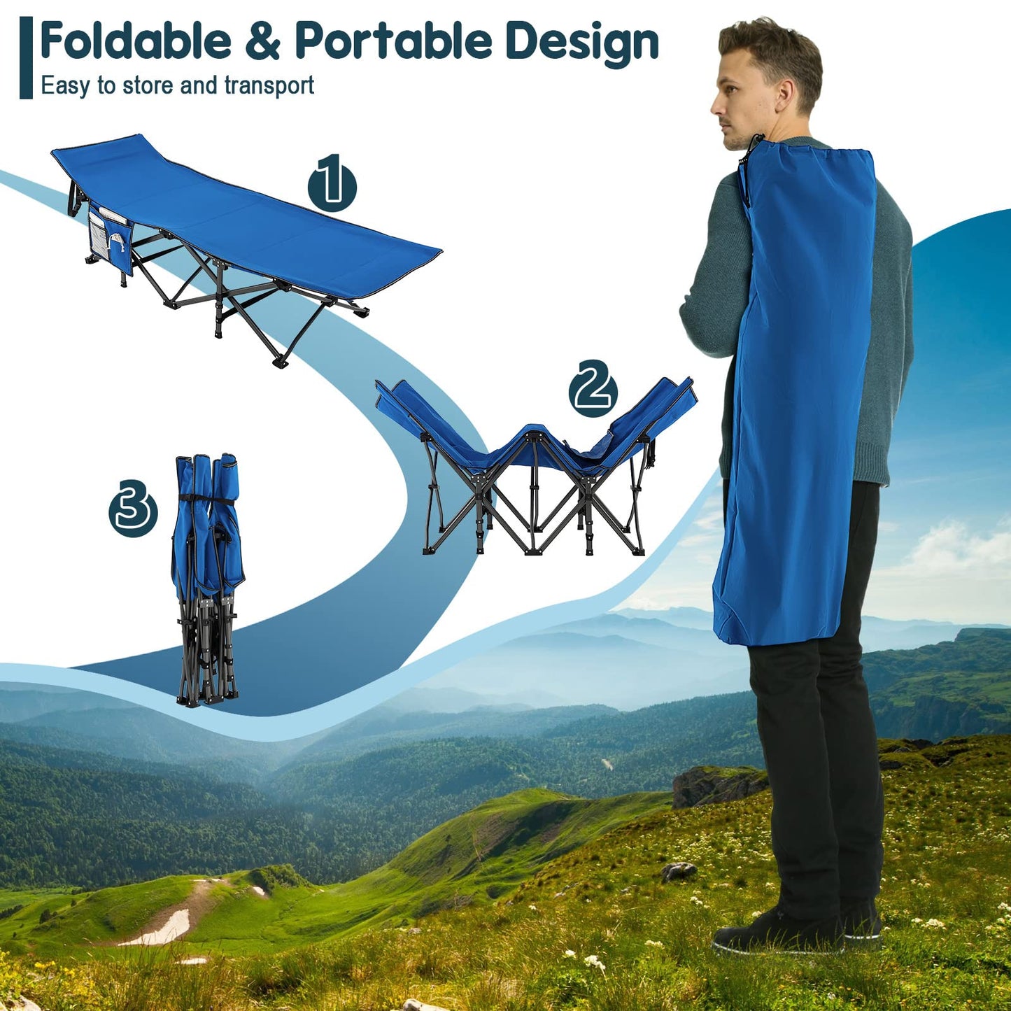 28" Extra Wide Portable Camping Bed Cot with Side Pocket & Carry Bag