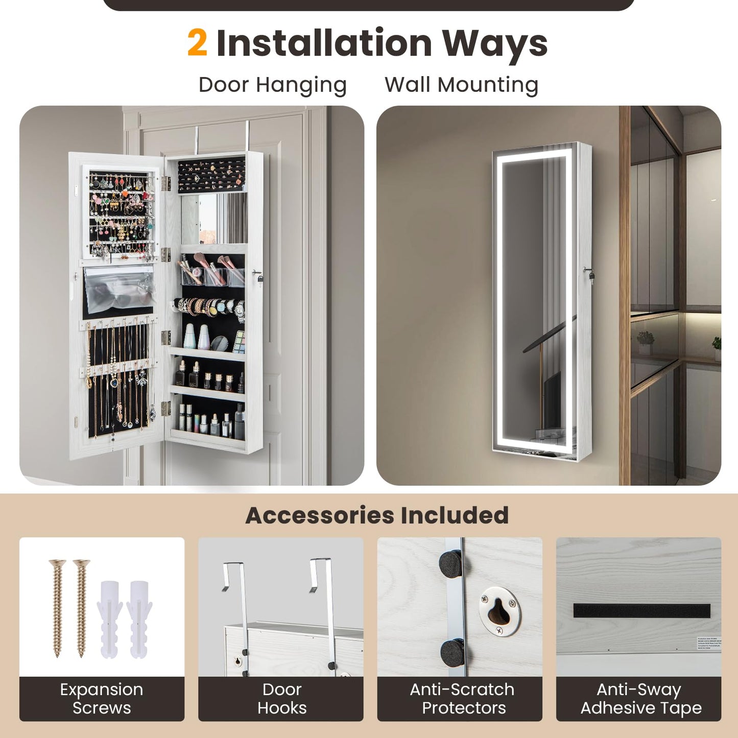 Door Hanging/Wall Mounted Jewelry Armoire with Full Length Mirror and Large Storage