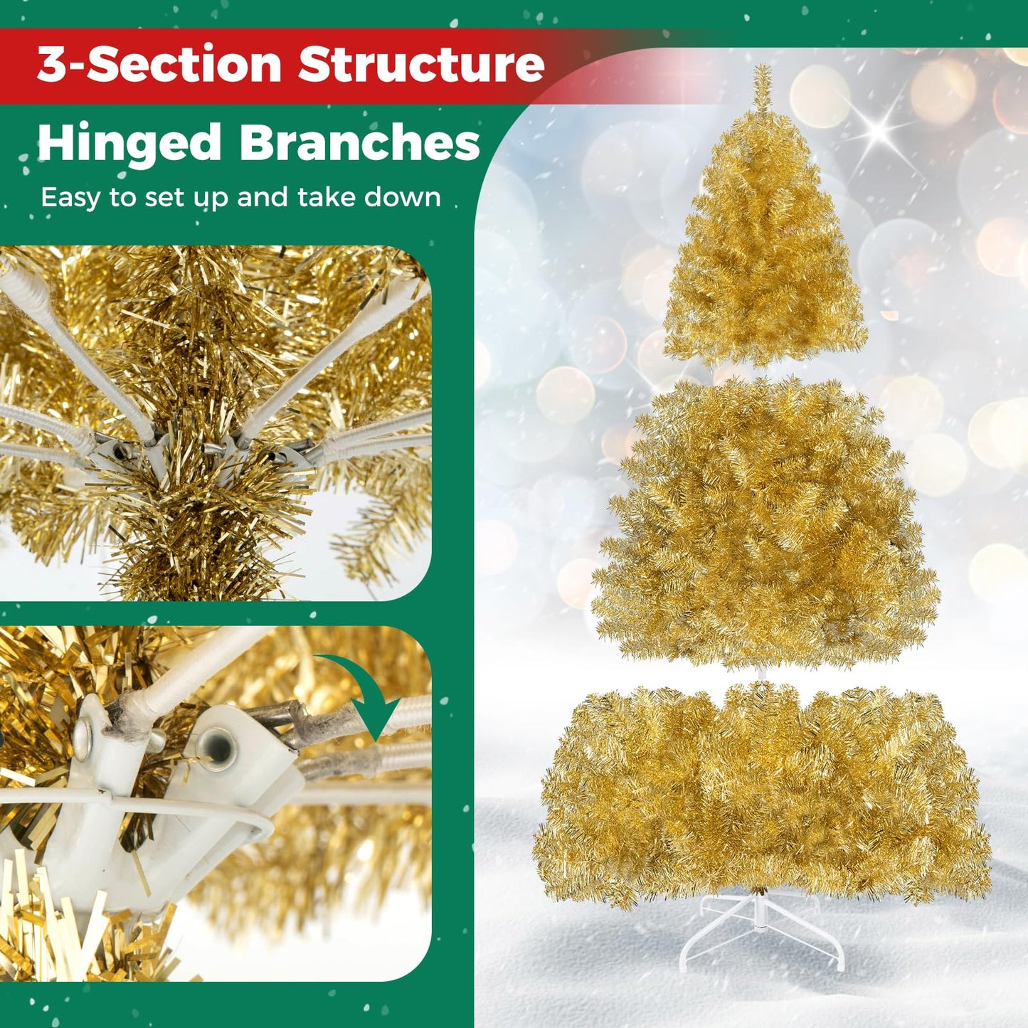 6FT Gold Artificial Christmas Tree, Hinged Xmas Pine Trees