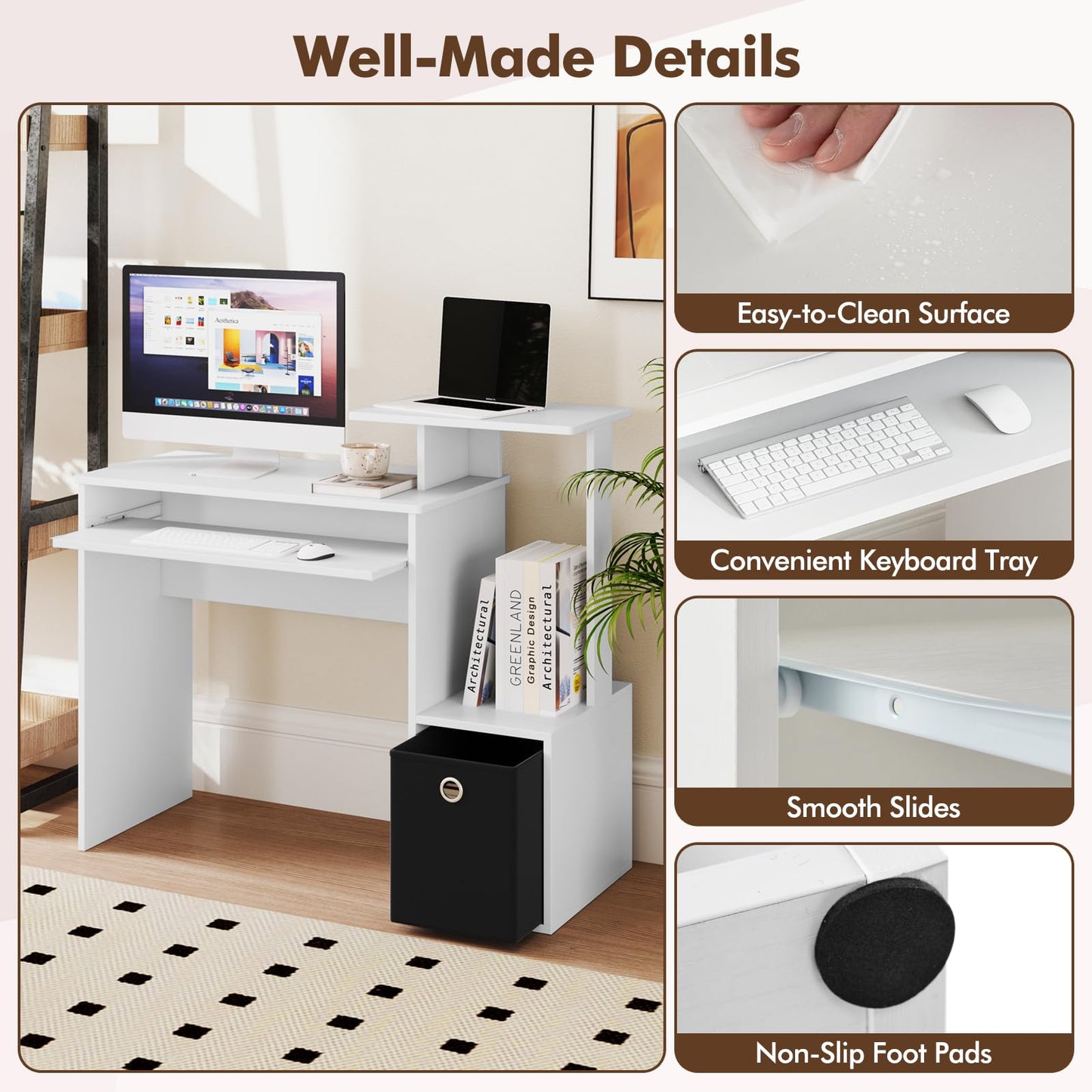 Space-saving Computer Desk with Open Shelf and Fabric Storage Drawer