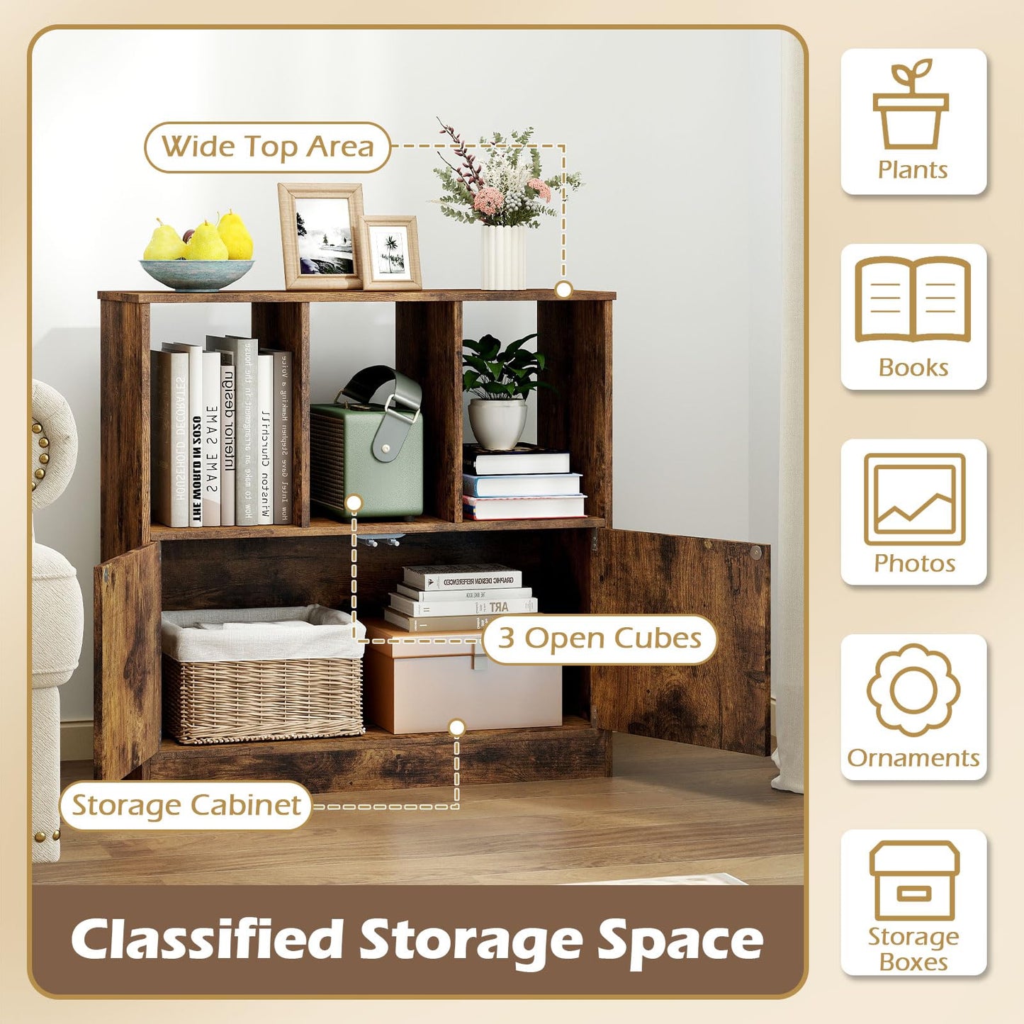 3-Cube Bookcase with Doors, Modern Bookshelf Open Storage Organizer Unit