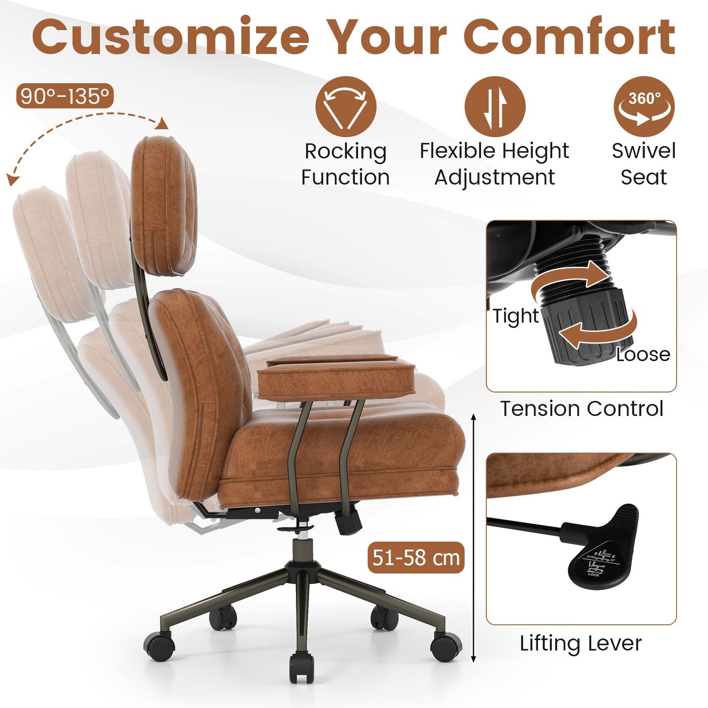 Ergonomic Home Office Chair Mid Century Modern Computer Desk Chair with Wide Tufted Seat