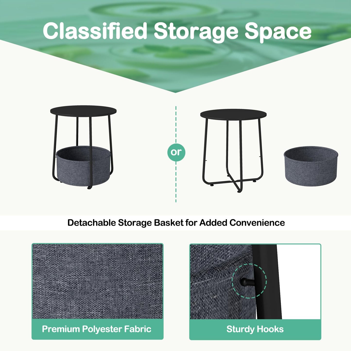 2-Tier End Table with Fabric Storage Basket and Metal Frame