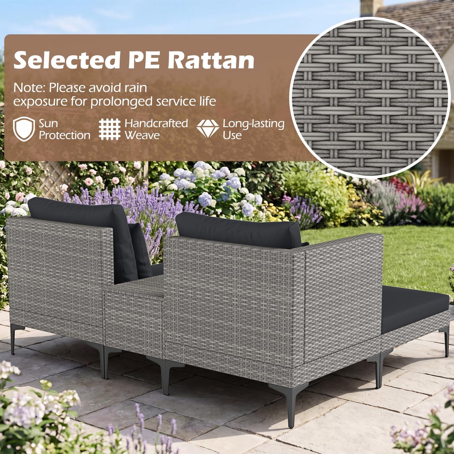5-Piece Rattan Garden Furniture Set, Patio Conversation Set with 2 Chairs, 2 Ottomans, Coffee Table & Thick Cushions