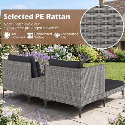 5-Piece Rattan Garden Furniture Set, Patio Conversation Set with 2 Chairs, 2 Ottomans, Coffee Table & Thick Cushions