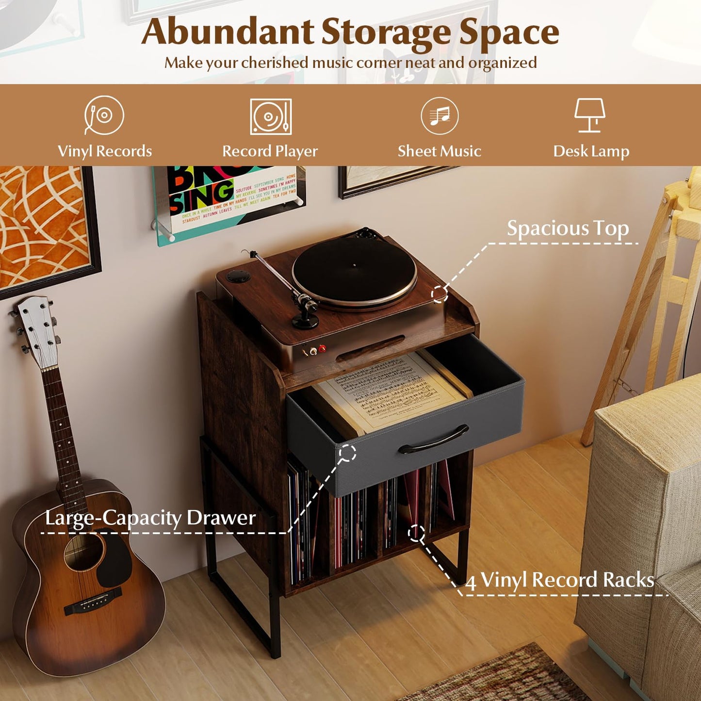 Record Player Stand, Industrial Wooden Turntable Stand End Sofa Side Table