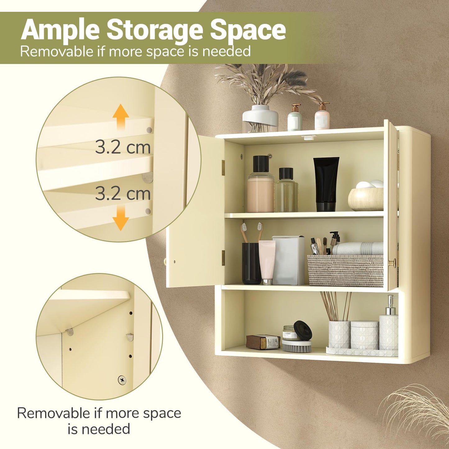 Fluted Bathroom Wall Cabinet Modern Double Door Medicine Cabinet