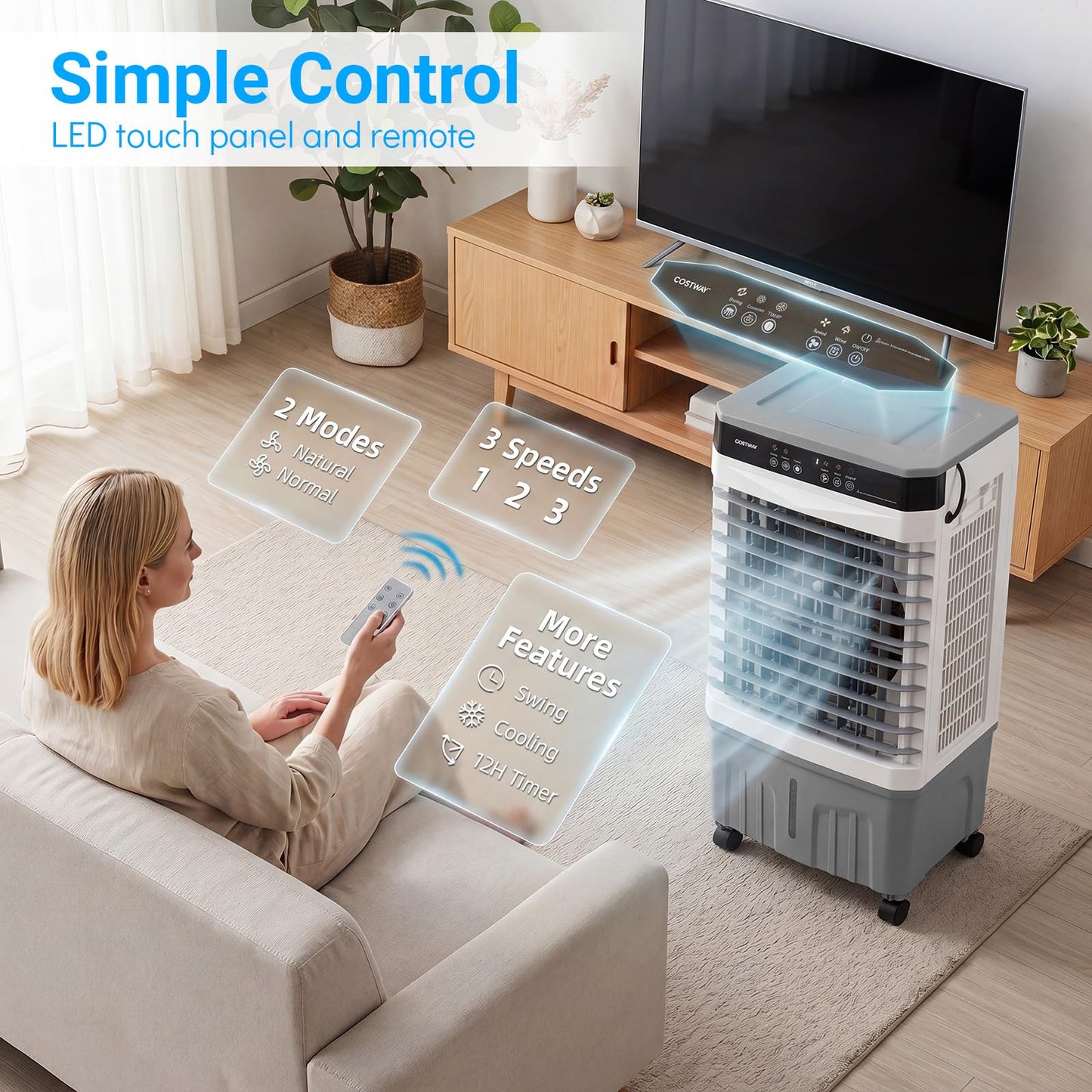 3-in-1 Evaporative Air Cooler with 15L Water Tank and 3 Speeds