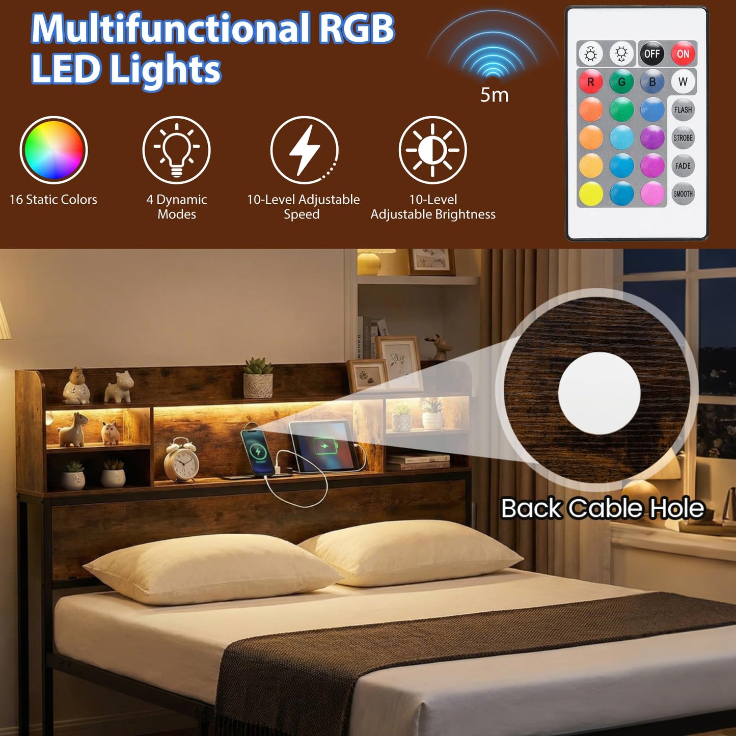 Double/King Size Bed Frame with LED Lights and Charging Station