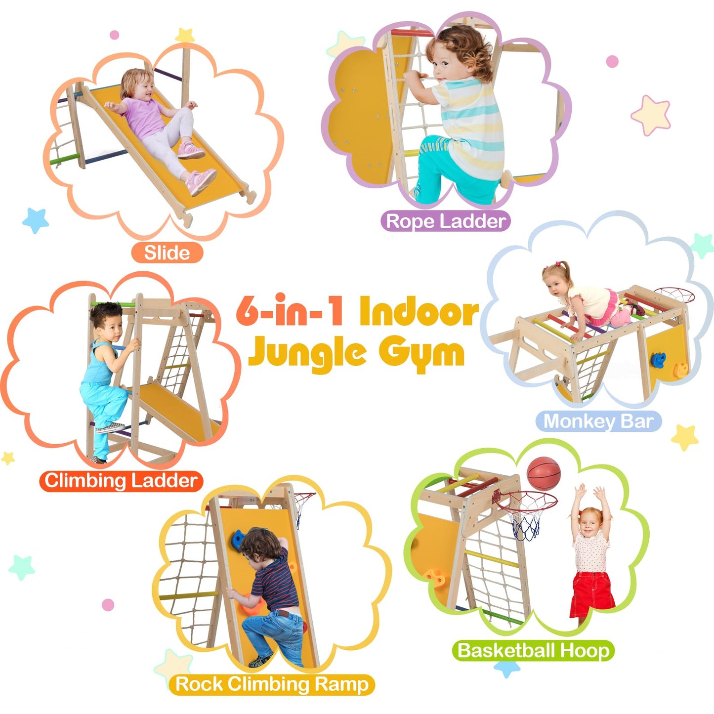 6-in-1 Jungle Gym with Slide and Rock Climbing for 3-14 Years Olds
