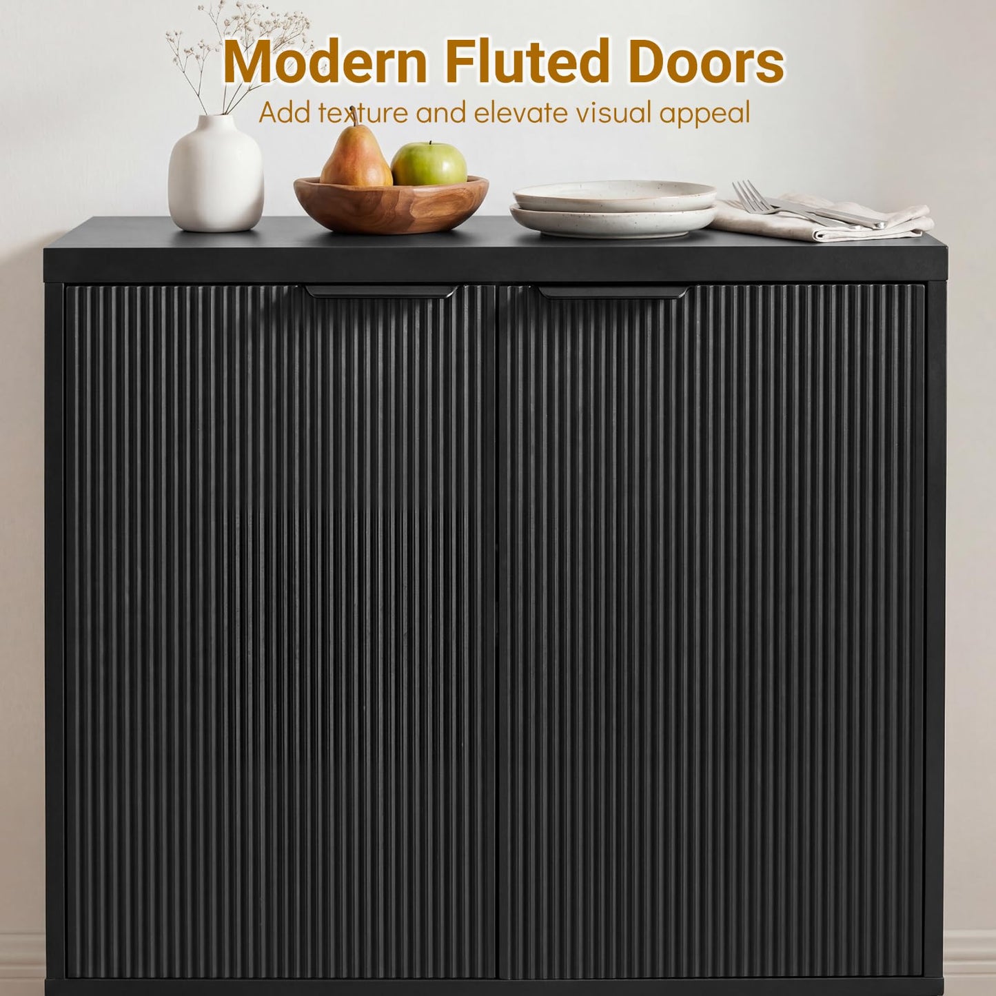 Fluted Sideboard Buffet Cabinet with 2 Doors and Adjustable Shelf