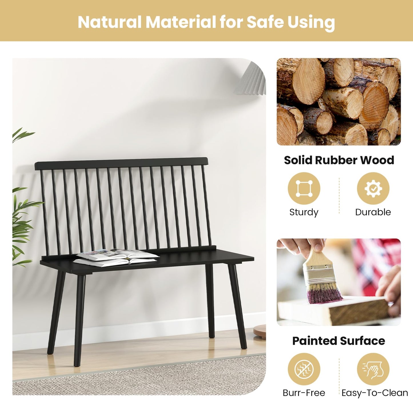 Dining Bench, Entryway Bench with Removable Spindle Back & Anti-slip Foot Pads