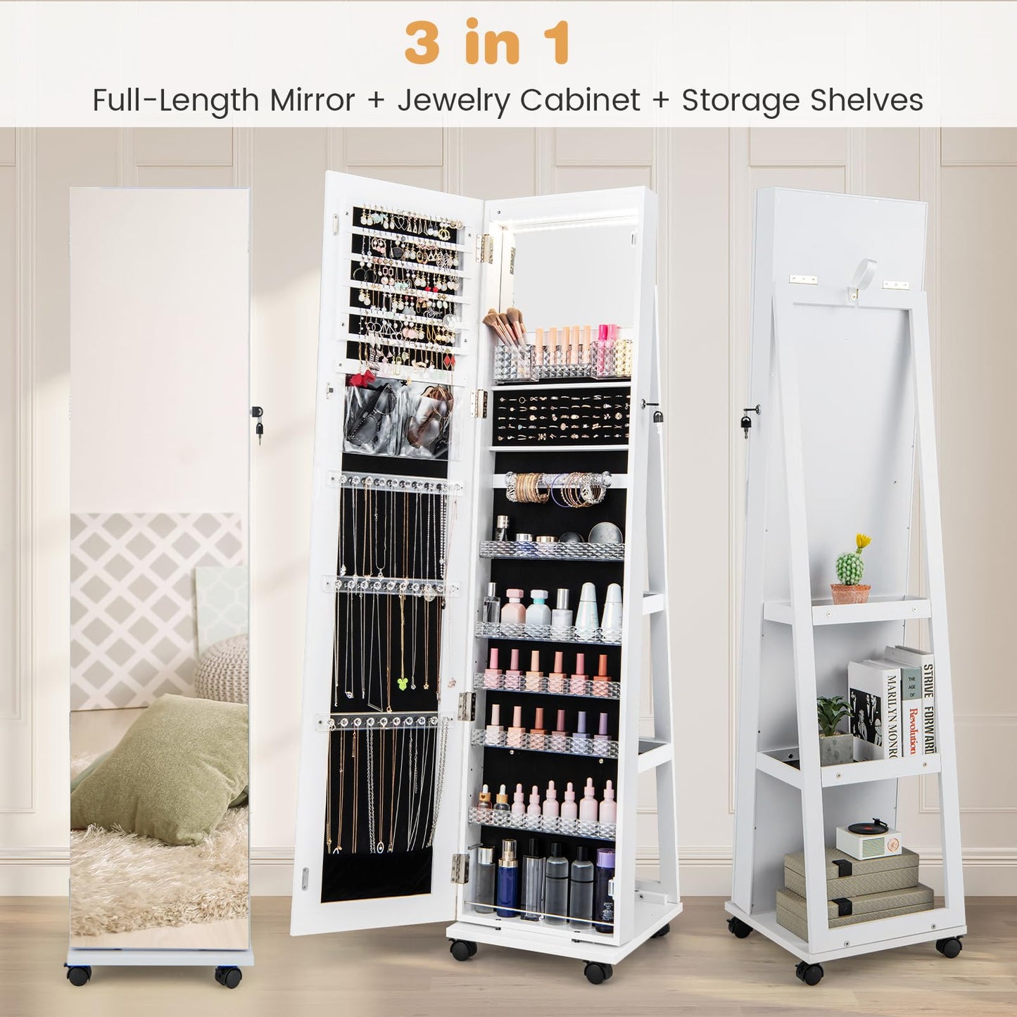 3 Color LED Lights Lockable Jewelry Armoire with Full Length Mirror