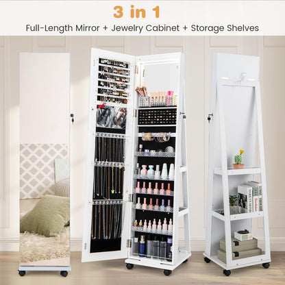 3 Color LED Lights Lockable Jewelry Armoire with Full Length Mirror