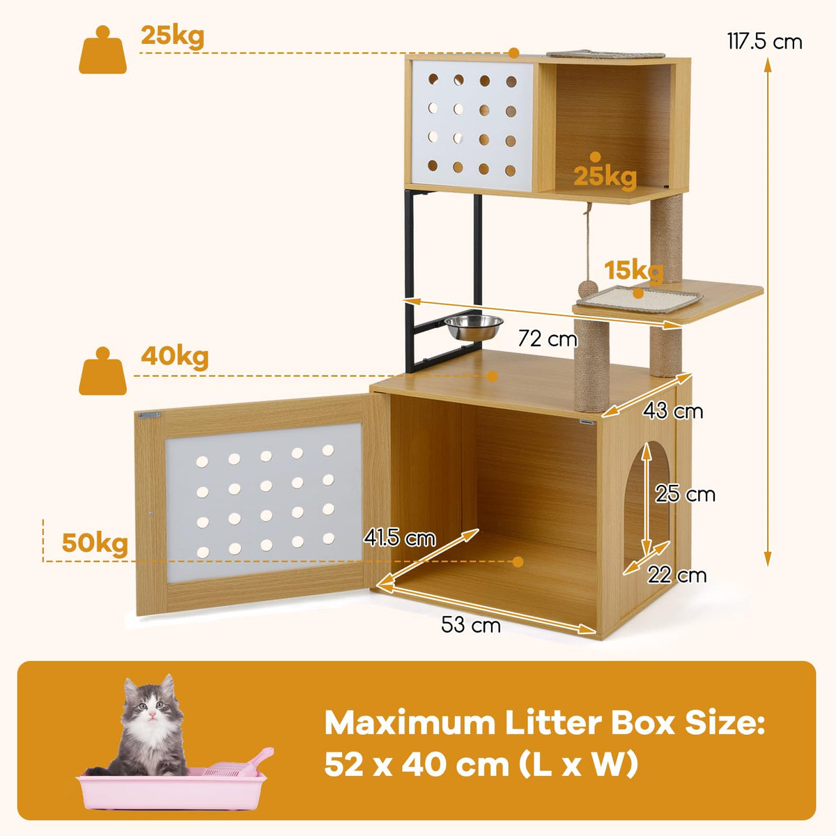 117.5 cm Modern Cat Tower Cabinet with Sisal Scratching Posts and Hanging Ball